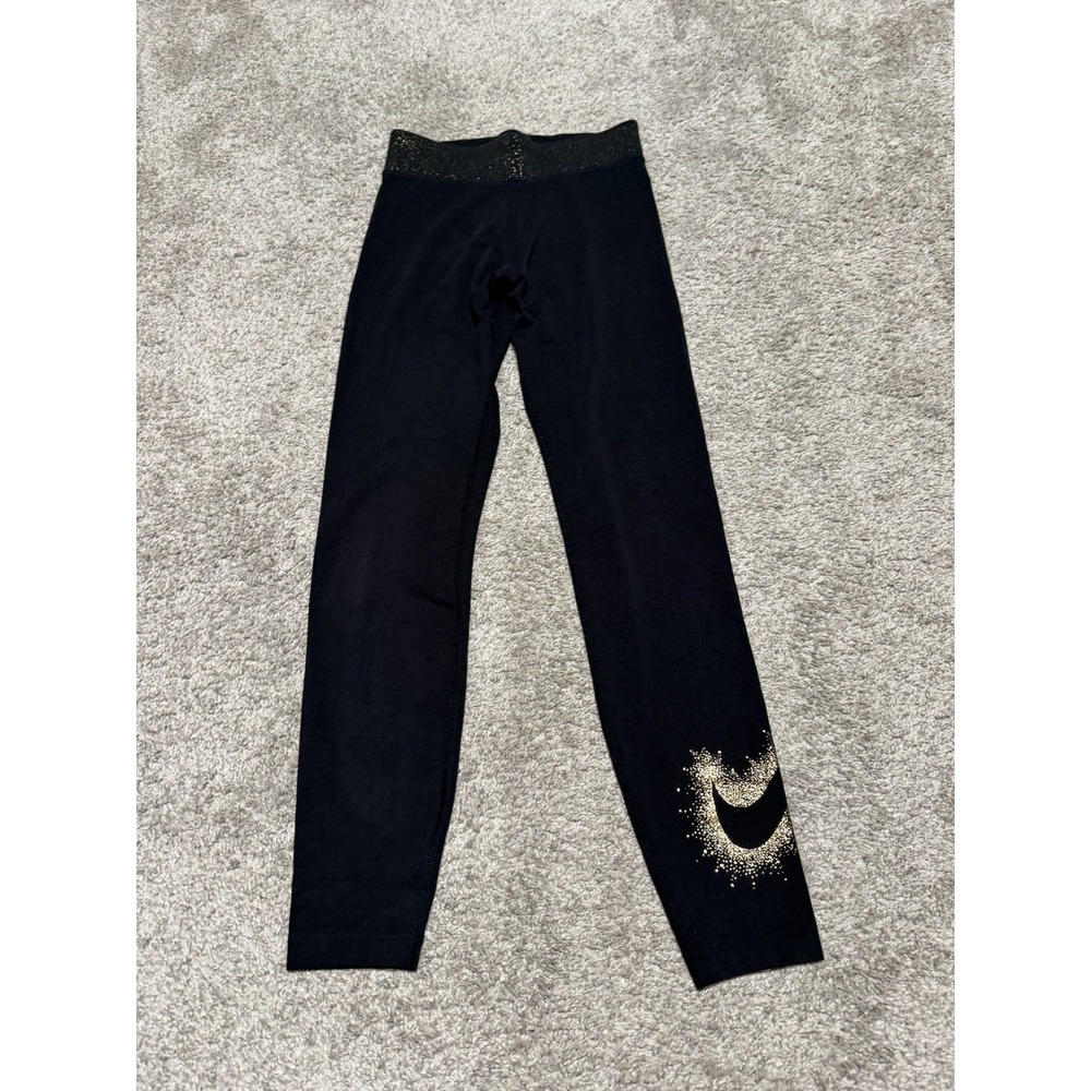 Nike Womens Black Gold Logo Leggings Athletic Pants S